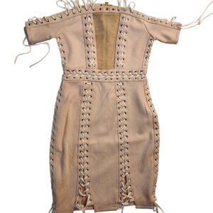 Women's Dress Size Medium Bandage Beige Tan Zipper Short Sleeve Lace Up String